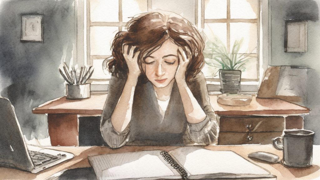 a brown haired woman sitting at a desk, in a home office, with her head held in her hands.
