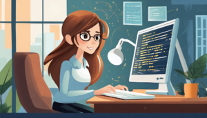cartoon image of a brown haired woman working at a computer